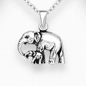 Sterling Silver Oxidized Mom and Baby Elephant Pendant